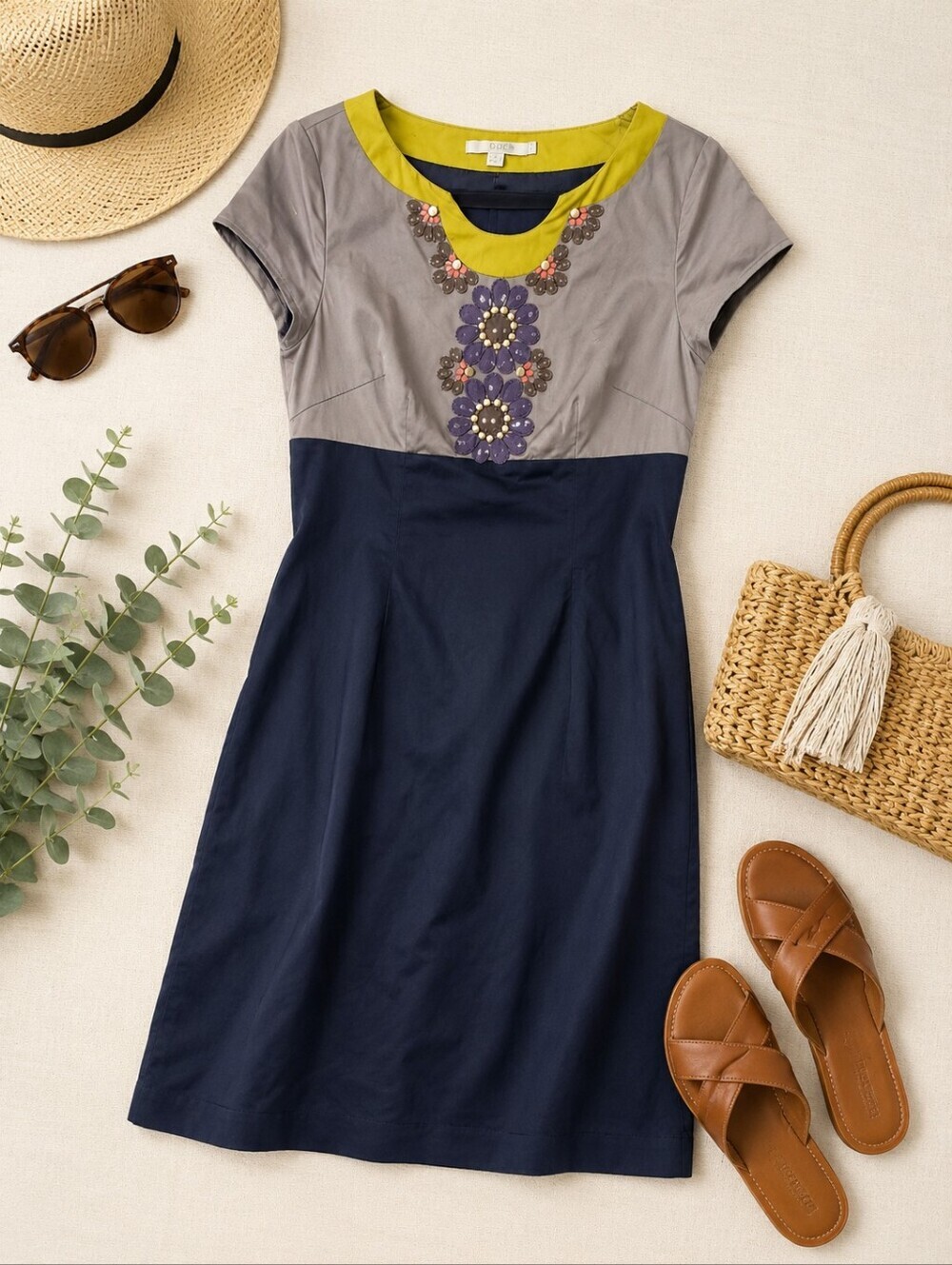 Boden Retro Mod Gray Navy Business Lined Jewel Embellished Sheath Dress Sz 8R